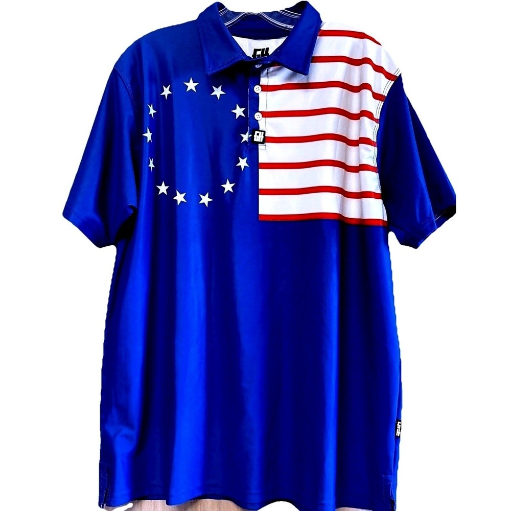 Greater Half Mens Betsy Ross Flag Polo Shirt Blue Stars Stripes Patriotic Size L